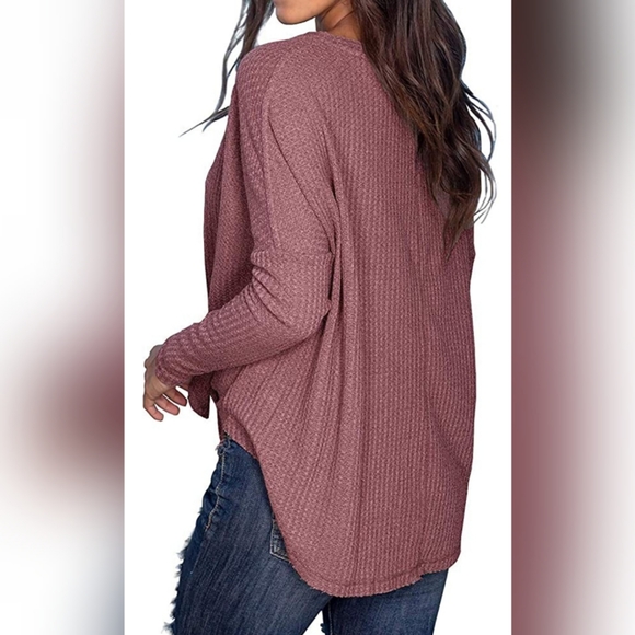 🌞Waffle Knit Tunic Blouse Tie Knot Henley Tops Lo - Picture 4 of 4